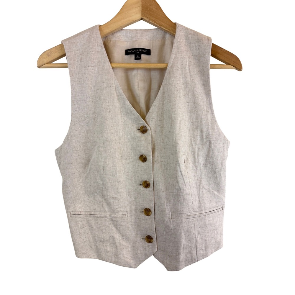 Banana Republic Linen Blend Vest Women 8 Flax Linen Cotton V Neck Neutral
